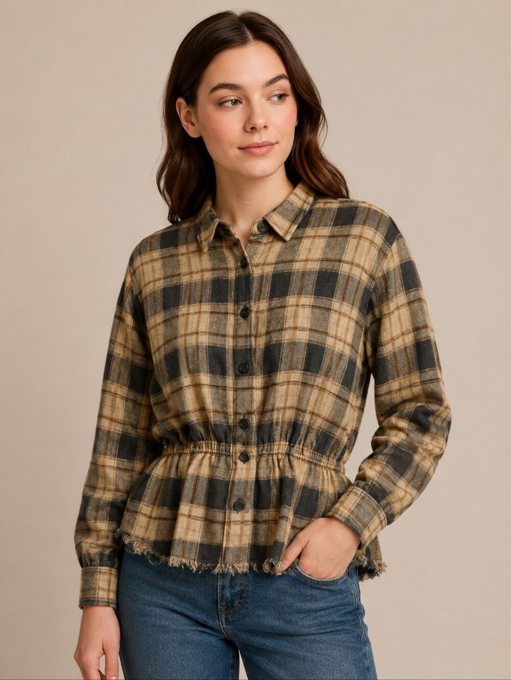 Free People We The Free Plaid Peplum Button Front Top Medium Boho Wool Blend